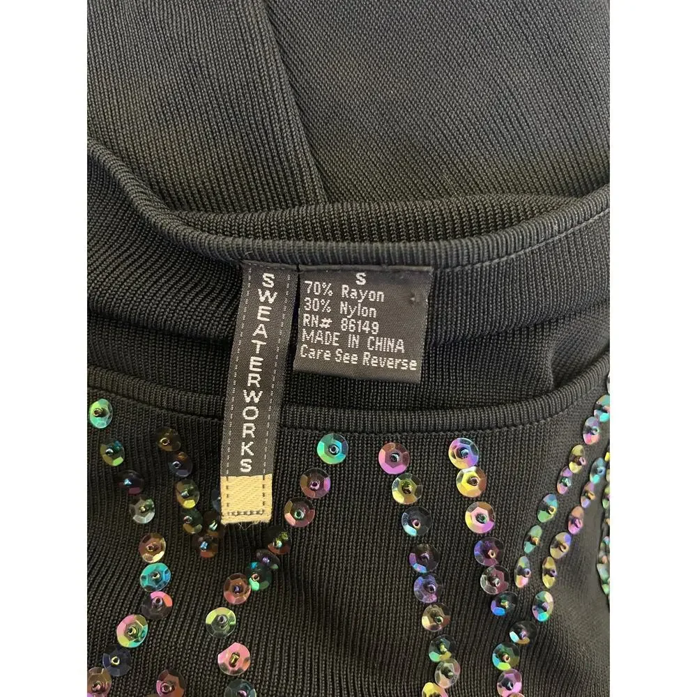 Vintage 90s Y2K Beaded Sequin LS Black Top - Picture 5 of 5